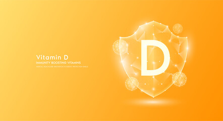 Vitamin D shield polygonal translucent orange. Immunity boosting vitamins. Medical innovation protect your body healthy. Shield low poly triangle modern futuristic protection. Banner vector. - obrazy, fototapety, plakaty