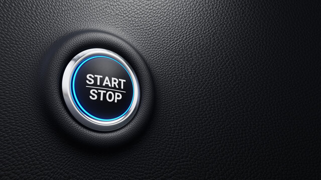 Start Stop push button, Start and stop modern car button with blue shine, Just push the button, 3D illustration