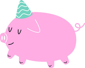 Hand drawn abstract pig with party hat flat illustration