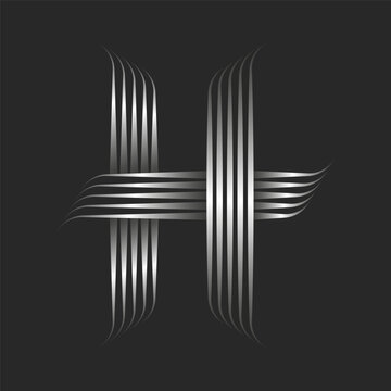Artistic monogram H letter initial logo from metallic gradient parallel thin lines pattern, silver color striped alphabetic mark, typography decorative calligraphic artwork.