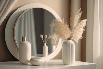 A modern, minimalist, and luxurious dressing table top with a vase of pampas, a round mirror, and a curtain in the bedroom, with a white wall and a lot of sunlight, surrounded by leaf shadows for the 