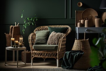 In dark green living room with rattan furniture and decor, there is a cinematic feel to the interior