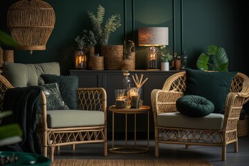 In dark green living room with rattan furniture and decor, there is a cinematic feel to the interior