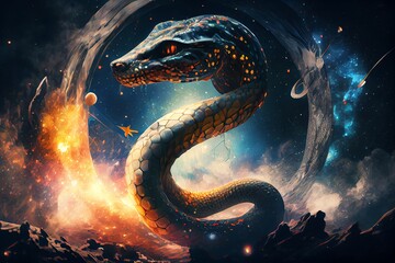 Powerful Epic Legendary Snake In Universe. Spiritual Animal Awakening Concept.Magical Fantasy Epic Wallpaper. Generative AI