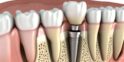 Dental implant. Dental surgery. Healthy teeth and dental implant. Created with Generative AI technology
