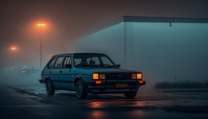 Fototapeta na wymiar Illustration of 90s era car parked in dark foggy parking lot illuminated by blue and red lights
