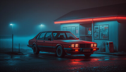 Illustration of 90s era car parked in dark foggy parking lot illuminated by blue and red lights