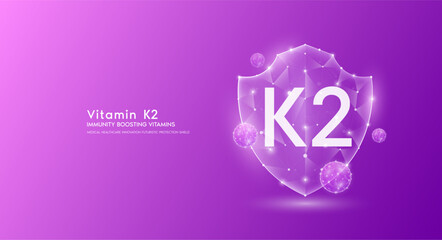 Vitamin K2 shield polygonal translucent purple. Immunity boosting vitamins. Medical innovation protect your body healthy. Shield low poly triangle modern futuristic protection. Banner vector.