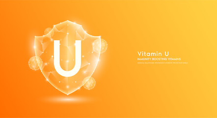Obraz premium Vitamin U shield polygonal translucent orange. Immunity boosting vitamins. Medical innovation protect your body healthy. Shield low poly triangle modern futuristic protection. Banner vector.