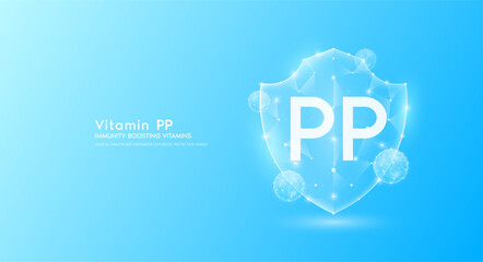 Vitamin PP shield polygonal translucent blue. Immunity boosting vitamins. Medical innovation protect your body healthy. Shield low poly triangle modern futuristic protection. Banner vector.