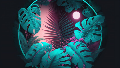 Retro 80s Neon pink and teal circular illustration of tropical palm and monstera leaves. Created with generative AI. - obrazy, fototapety, plakaty