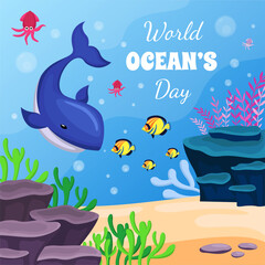 Save the ocean. World oceans day design with underwater ocean.