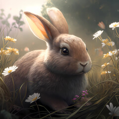 Easter bunny in the grass. 
Created with generative AI technologies