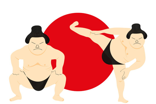 Sumo wrestler on a japanese flag background. Flat illustration of a sumo wrestler.