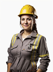 Fototapeta premium Portrait of a female construction worker wearing hard hat, studio shot, white background. Generative ai