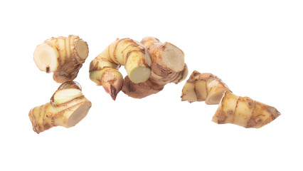 Galangal fly in mid air, fresh vegetable spice galangal falling. Organic fresh herbal galangal root head cut chop slice, close up texture. White background isolated freeze motion high speed shutter