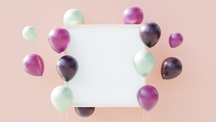 Fototapeta na wymiar Set of coloured balloons with empty space for text. Realistic 3D rendered, mock up, background for birthday, anniversary, wedding, holiday congratulation banners and for social media