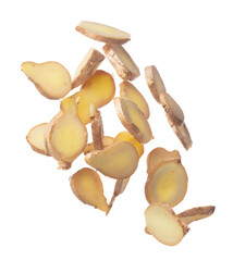 Ginger fall fly in mid air, fresh vegetable spice ginger falling. Organic fresh herbal ginger root...