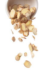 Galangal mix Ginger fall fly from bowl, fresh vegetable spice ginger galangal falling. Organic fresh herbal ginger galangal root head cut chop slice. White background isolated freeze motion