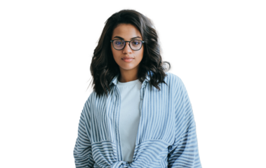 Attractive African American girl in casual looks at camera standing isolated. Young confident Brazilian woman in glasses stands against transparent background. Successful female entrepreneur.