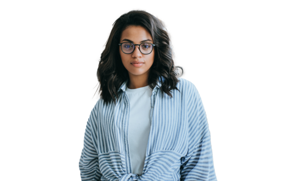 Attractive African American girl in casual looks at camera standing isolated. Young confident Brazilian woman in glasses stands against transparent background. Successful female entrepreneur.