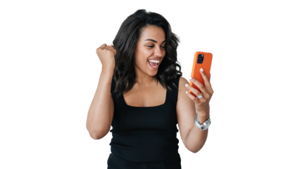 Happy African American girl makes video call clenches fist, celebrates win. Excited Brazilian young woman happy reads message. Amazed female student entered university. transparent background