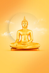 Golden buddha statue on orange background with space for your text