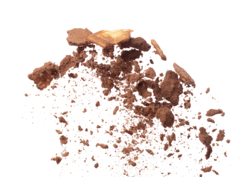 Cocoa powder fall fly in mid air mix cookie cracker, Cocoa powder floating explosion. Cocoa powder Chocolate chip crunch throw in air. White background isolated freeze motion high speed shutter