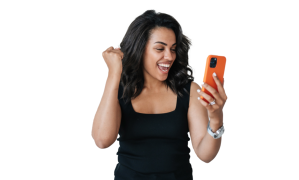 Happy African American girl  makes video call clenches fist, celebrates win. Excited Brazilian young woman happy reads message. Amazed female student entered university. transparent background