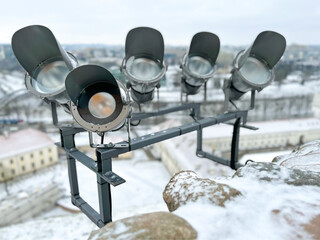 Spotlight of street lighting of the building close up