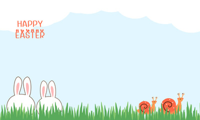 Happy Easter wallpaper with bunny rabbit cartoons, snail on green field background vector.