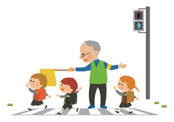 交通安全　登下校　横断歩道をわたる子供のイラスト
