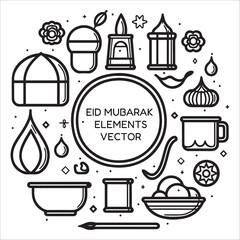 Set of eid mubarak, eid al fitr elements icons vector illustration isolated on white background