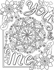 You and Me font with Flower elements. Hand drawn with inspirational words. Doodles art for Valentine's day. Coloring for adults and kids. Vector Illustration
