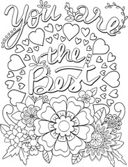 Hand drawn with inspiration word. Doodles art with heart and flowers element for Valentine's day or Love Cards. Coloring for adult and kids. Vector Illustration 
