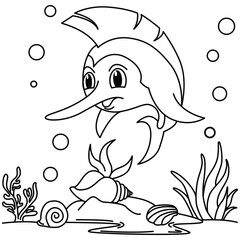 Funny fish cartoon characters vector illustration. For kids coloring book.