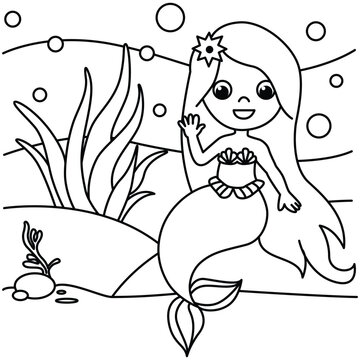 Funny mermaid cartoon characters vector illustration. For kids coloring book.