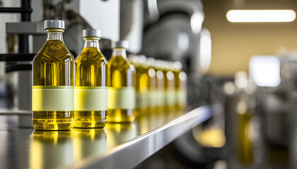 Factory for the production of edible oils a shallow depth of field. Selective focus. Created with Generative AI technology