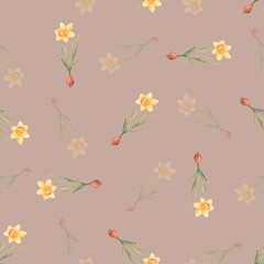 Obraz premium Watercolor botanical realistic floral pattern with narcissus. Bright yellow daffodil on a white background. Natural and vibrant repeated print for textile, wallpaper. Spring flowers