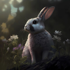 Rabbit in the grass. Created with generative AI technologies