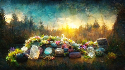 Beautiful crystal in forest. Digital art.