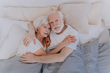Elderly couple at home - Beautiful happy old couple in the sleeping room, senior people in love