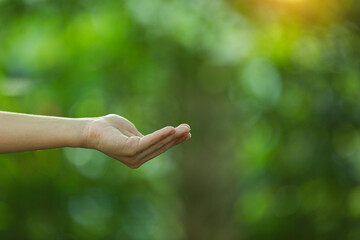 Technology, hand holding with environment Icons over the Network connection on green background.