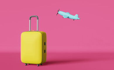 Yellow suitcase flying airplane 3d rendering pink background banner. Modern creative travel advertising design. Traveler luggage Summer vacation airport flight sea journey Avia tickets sale promotion.