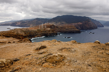 Rocky coastline.of Madeira island. Cliffs in Portugal.