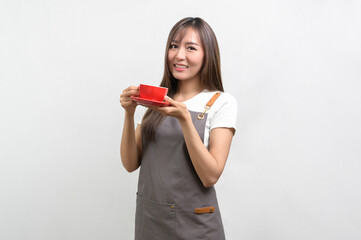 Portrait of young asian woman wearing apron over white background studio, cooking and entrepreneur concept.