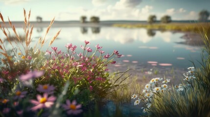 Fototapeta premium Peace landscape of blooming flowers near the lake. Summer scene, nature background. Generative AI.