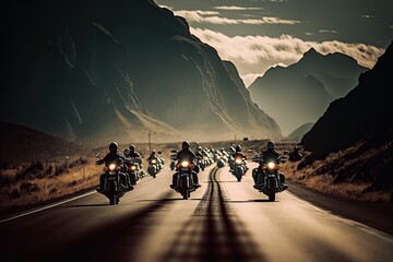 Illustration of cruiser motorcycles on a road - Created with generative ai - obrazy, fototapety, plakaty