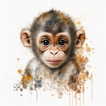 Cute little monkey in aquarelle style with paint splashes. Watercolor illustration of baby chimpanzee isolated on white background. Generative AI art.