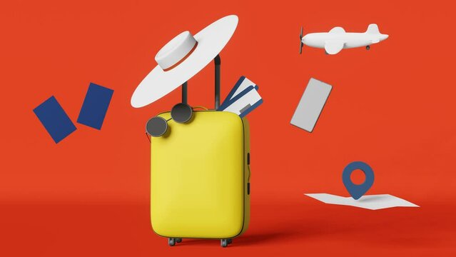 Yellow suitcase airplane tickets map passport 3d animation red background loop 4K. Modern creative travel advertising. Traveler luggage. Summer vacation airport flight sea journey Avia sales promotion